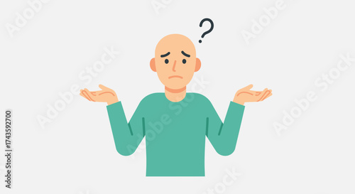Puzzled character shrugging with question mark above, depiction of uncertainty and ignorance