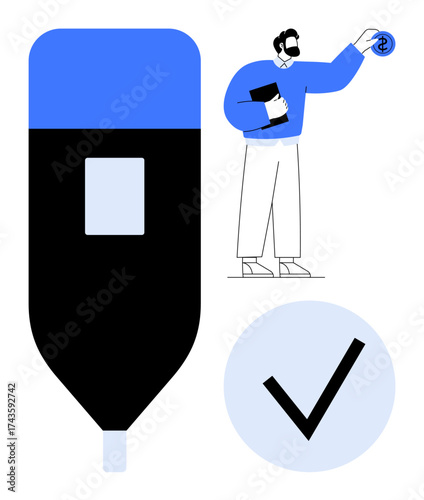 Man holding dollar coin and notebook stands next to pen and checkmark symbol, representing financial success, approval, work, productivity, validation, goal-setting, and entrepreneurship. Ideal