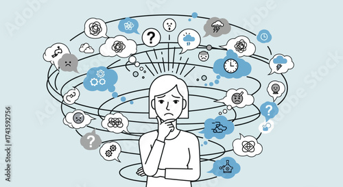 Worried female surrounded by swirling thoughts and emotions represented by thought bubbles