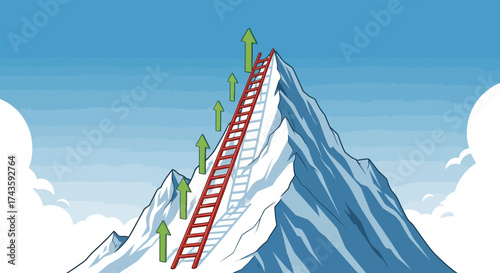 Climbing towards success: A ladder leading to the peak of a mountain signifying achievements