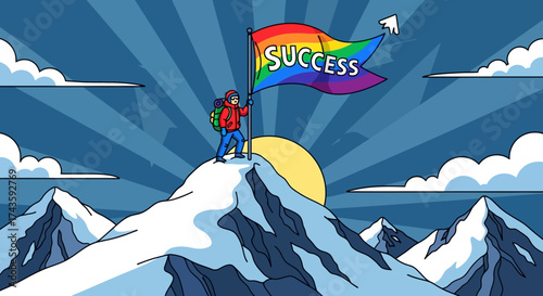 Illustration of mountain climber planting a colorful success flag at snowy peak