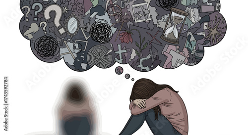 Illustration of a woman overwhelmed by intrusive thoughts and existential questioning of past