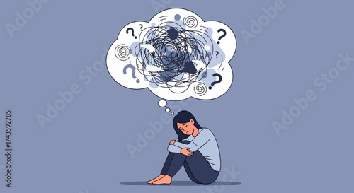 Woman overwhelmed by tangled thoughts symbolizing mental health challenges and decision fatigue