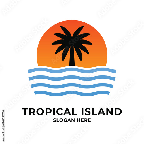 tropical island sunset logo design concept creative idea
