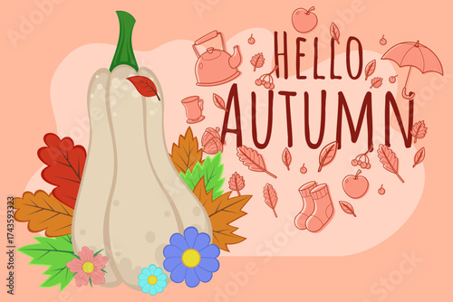 Decorative design of butternut squash, colorful flowers, and autumn leaves against peach background. Seasonal elements like umbrellas and socks hinting at fall fun