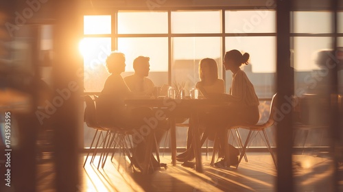 Wallpaper Mural Group of diverse individuals convene around a wooden table in a bright, sunlit room, silhouetted by the golden light streaming through large windows, suggesting collaborative work or a meeting's... Torontodigital.ca