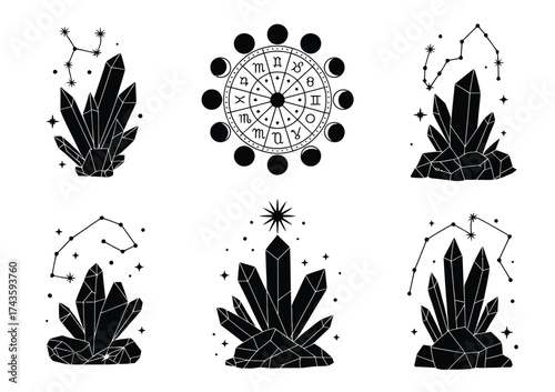 Six mystical crystal constellation and zodiac wheel vector illustrations in eps format silhouette vector illustration white background