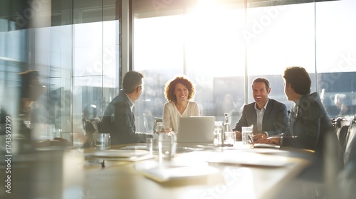 Wallpaper Mural Friendly individuals engage in a business meeting inside a modern, bright conference room during daytime, creating a professional collaborative environment filled with natural sunlight reflected... Torontodigital.ca