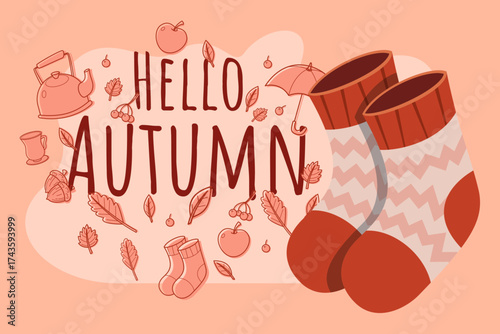 Cozy socks resting on soft background as seasonal elements like leaves, apples, and teapots surrounding cheerful greeting for autumn. Perfect representation of fall vibes and comfort