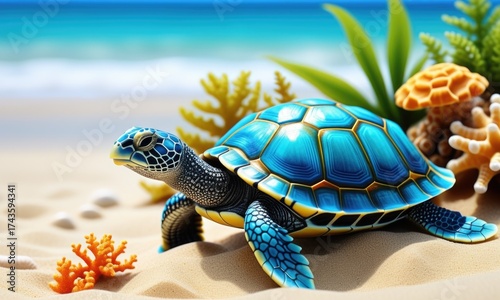 Vibrant sea turtle on tropical beach surrounded by coral and ocean waves