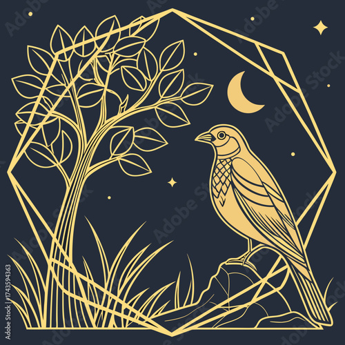 Elegant golden bird and tranquil tree scene under a crescent moon, framed within a luxurious geometric outline, evoking serene nocturnal beauty
