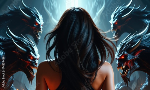 Woman confronts fierce dragon creatures in a mystical realm