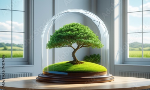Miniature tree in glass dome capturing nature's beauty indoors