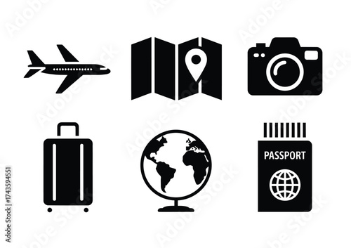 Set of 6 travel icons airplane map camera suitcase globe passport scalable vector illustration eps silhouette vector illustration white background