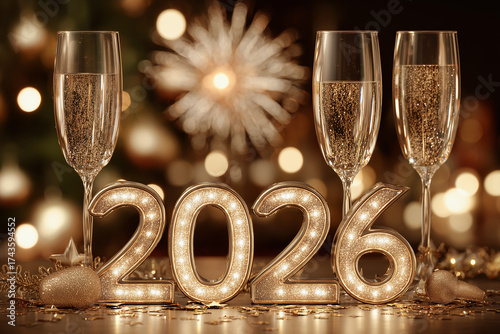 Futuristic New Year 2026 city celebration with glowing lights and digital fireworks