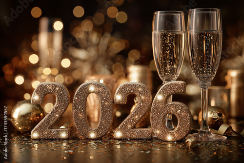 Cyberpunk cityscape celebrating New Year 2026 with neon lights and holographic fireworks