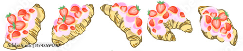 Strawberry Cream Croissant Illustration Set – Cute Bakery Pastry Vector for Cafe Menu, Dessert Clipart and Sweet Food Design