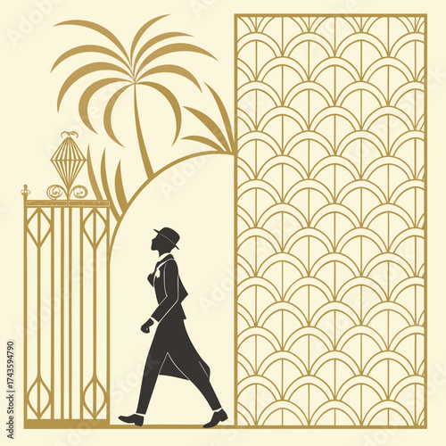 Art Deco illustration of an elegant woman walking through a luxurious golden gate under a stylized palm, exuding 1920s vintage glamour and sophisticated style