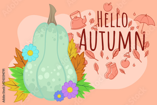 Large green pumpkin among colorful autumn leaves and flowers. Background with playful autumn elements welcoming season of fall