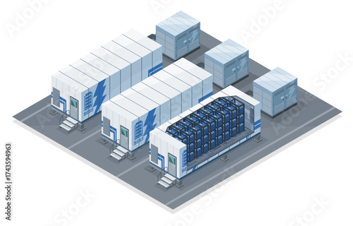 Isometric illustration of modern BESS and ESS facility integrated with smart microgrid network showing modular battery containers for renewable energy storage and industrial power management system