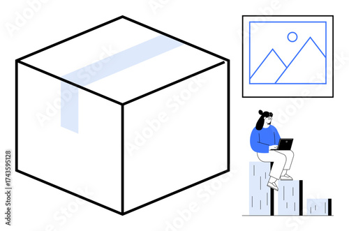 Woman using laptop seated on stacked boxes, adjacent to a large closed box and a framed abstract artwork. Ideal for business, e-commerce, creativity, remote work, productivity, organization, simple