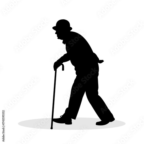 Vector silhouette of an old man walking with a cane
