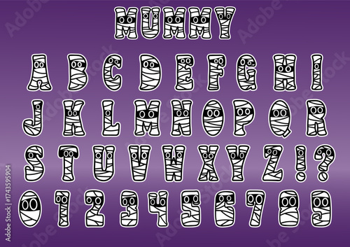 Halloween Decorative Alphabet and Number Set (Mummy Theme). Full set of capital letters A-Z, numbers 0-9, and punctuation marks in a unique, horror-comic style.