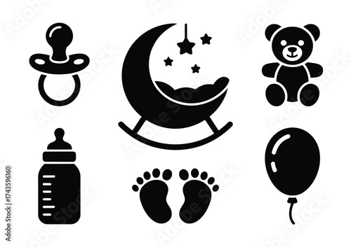 Set of six black silhouette illustrations baby icons vector scalable graphics for newborn essentials silhouette vector illustration white background
