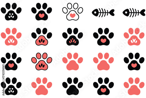 A diverse collection of cat and dog paw print icons with heart details and a fishbone skeleton graphic set