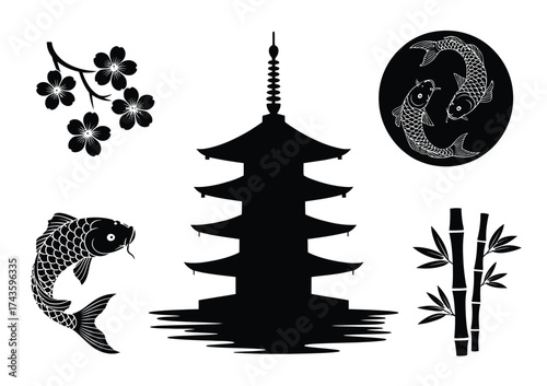 Scalable japanese vector illustrations of pagoda koi bamboo cherry blossoms and moon eps silhouette vector illustration white background