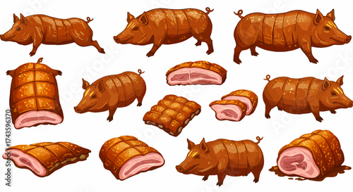 A seamless pattern of roasted pigs and cuts of pork meat on a white background