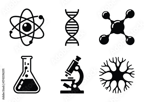 Set of six science icons atomic structure dna molecule beaker microscope neuron vector illustration eps silhouette vector illustration white background