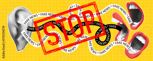 Trendy halftone banner with mouthes screaming fake news in ear. Stop  propaganda and fake news concept. False information spreading. Contemporary collage for design template. Vector