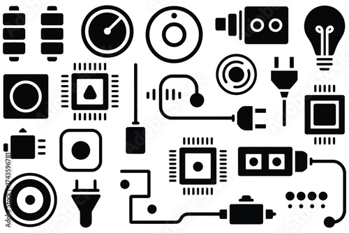 Technology icons, vector collection including electronic hardware elements like microchips, plugs, and battery symbols, electronic devices illustration, circuit vector graphics, 
