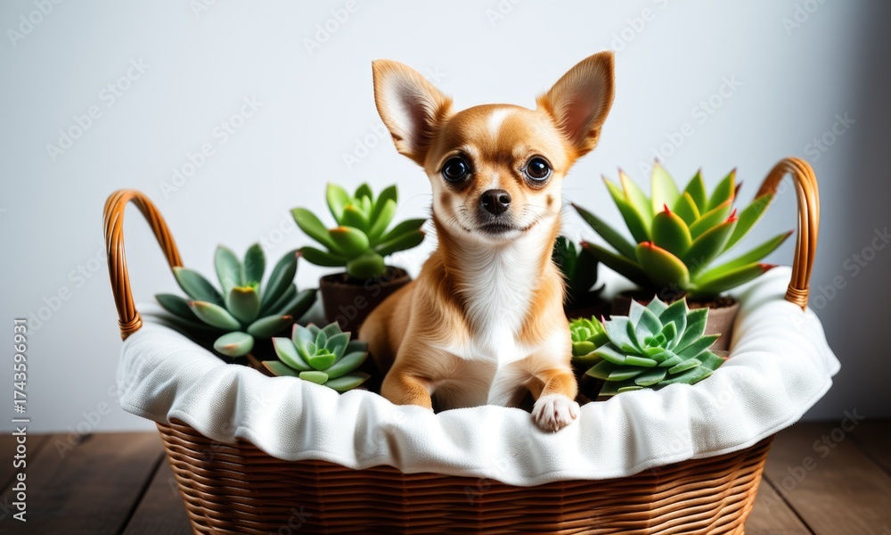custom made wallpaper toronto digitalAdorable chihuahua surrounded by succulents in a basket