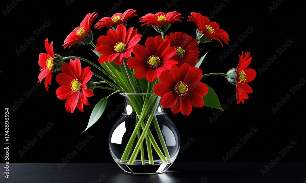 custom made wallpaper toronto digitalVibrant red flowers in crystal clear vase against dark background