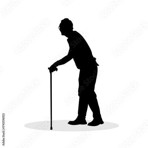 Vector silhouette of an old man walking with a cane