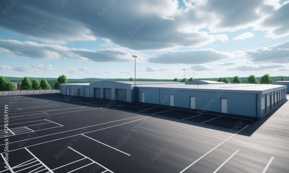 custom made wallpaper toronto digitalModern industrial warehouse exterior with spacious parking lot under cloudy sky