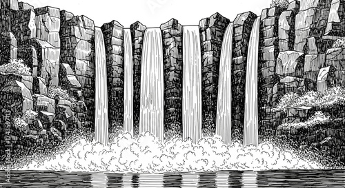 A black and white illustration of a wide waterfall cascading over a rocky cliff into a pool of water below.