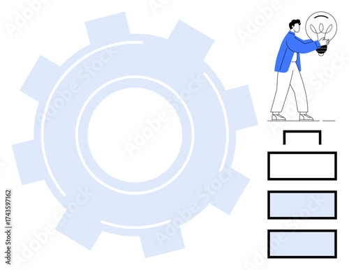 Person holding lightbulb next to large gear and three stacked rectangles. Ideal for innovation, teamwork, strategy, process management, technology, conceptual design, business planning. Simple flat