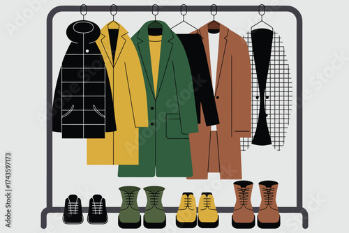 Flat Design Illustration of Various Stylish Winter Coats and Boots on a Rack