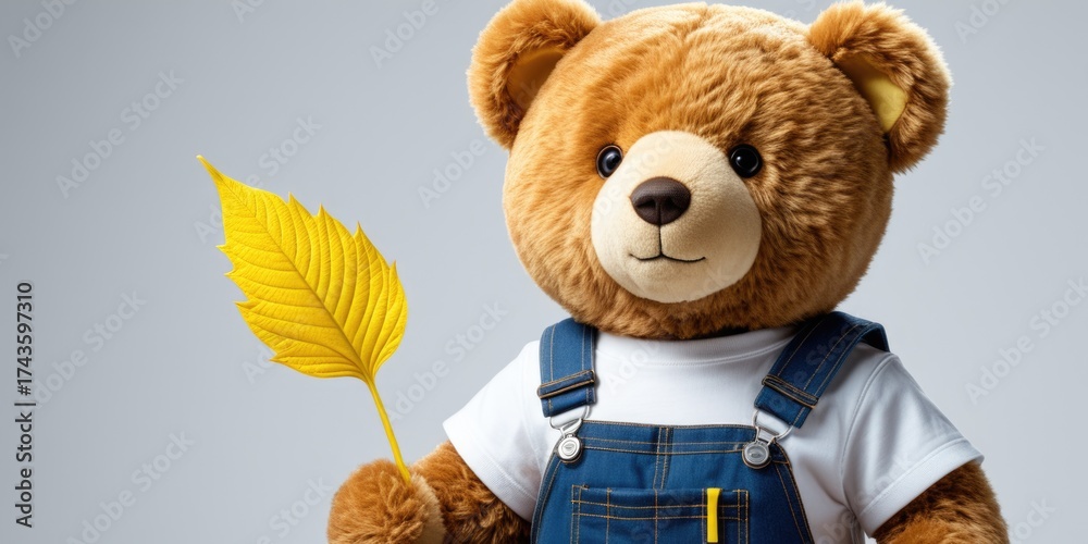 custom made wallpaper toronto digitalAdorable teddy bear in overalls holding a yellow leaf against a gray background