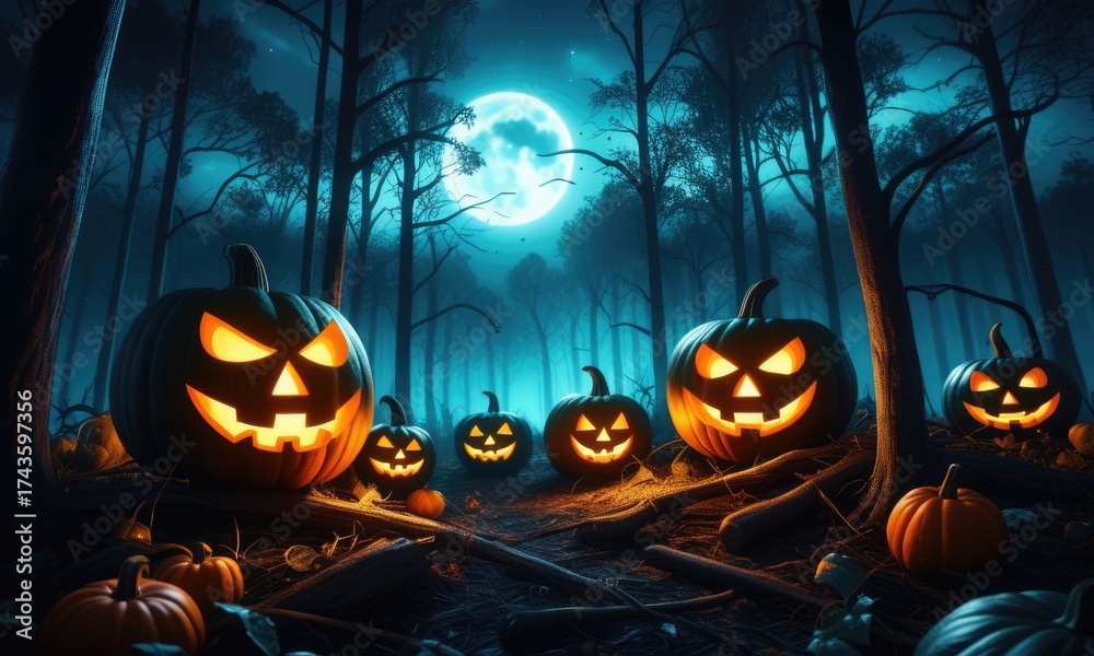 custom made wallpaper toronto digitalEerie forest of glowing jacko'lanterns under a full moon
