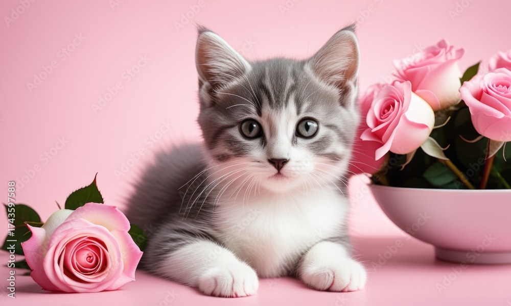 custom made wallpaper toronto digitalAdorable gray kitten with pink roses on soft pink background