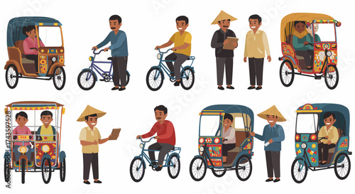 Collection of illustrated rickshaw drivers cyclists and pedestrians from South Asia