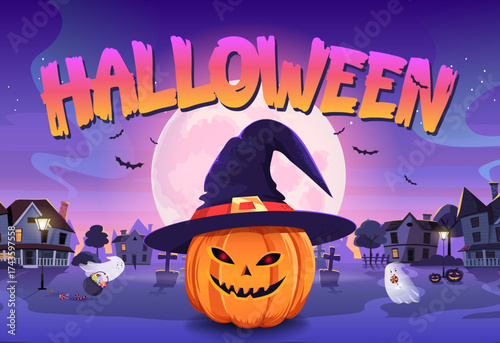 Colorful Halloween pumpking poster with ghosts