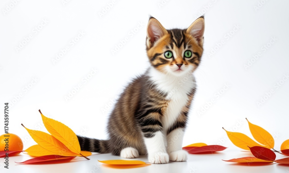 custom made wallpaper toronto digitalAdorable kitten surrounded by vibrant autumn leaves on a white background