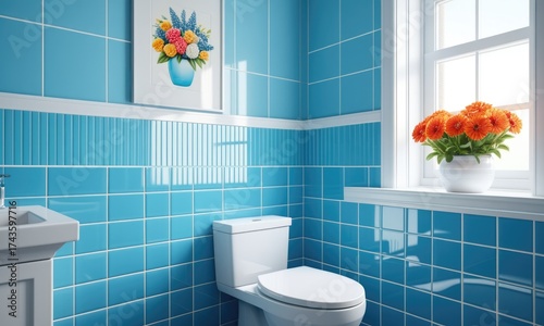 Vibrant blue bathroom interior with floral decor and natural light