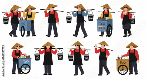 Collection of Taho vendors with carrying poles and carts wearing conical hats