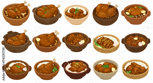 Collection of stylized illustrations depicting various brown stewed dishes likely adobo